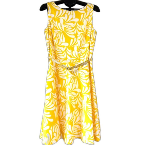 Banana Republic Yellow Floral Dress Belted Fit & Flare Size 14 - Picture 2 of 10